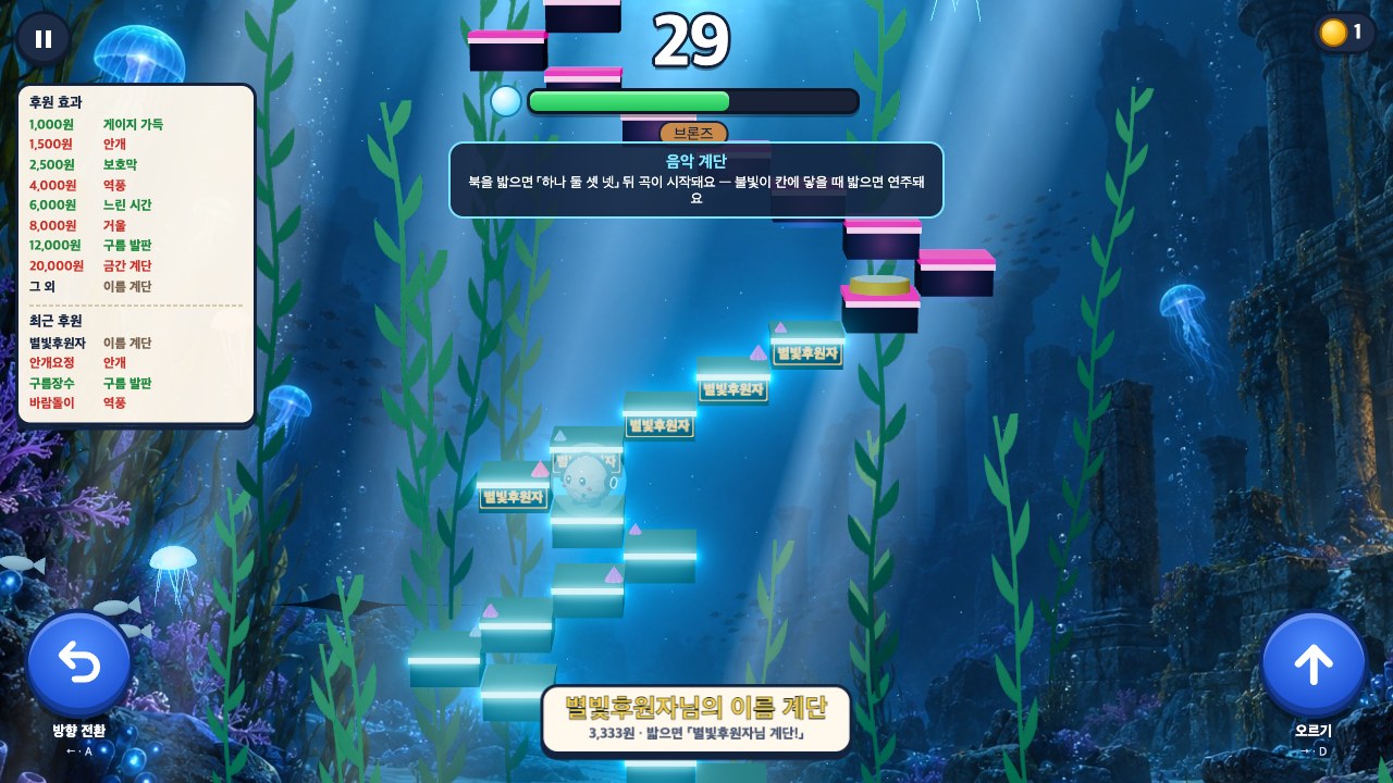 이름 계단 — 표에 없는 금액은 앞 계단 5칸에 후원자 이름이 새겨집니다