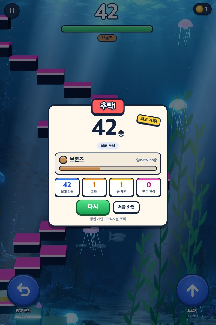 결과 — 오른 층·티어·최대 리듬·피버·금 계단·연주 완성